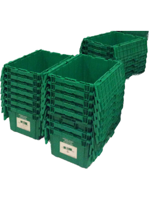A stack of empty moving storage bins